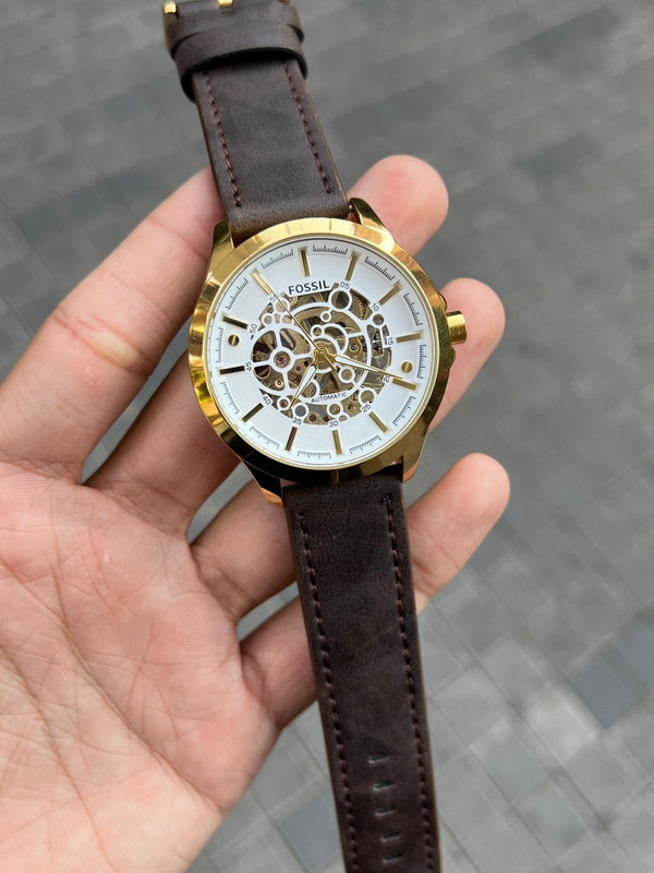 Fossi l Skeleton Automatic Gold Brown Leather