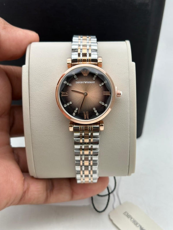 Emporio Arman i Women Two Tone Brown Dial Cut Glass
