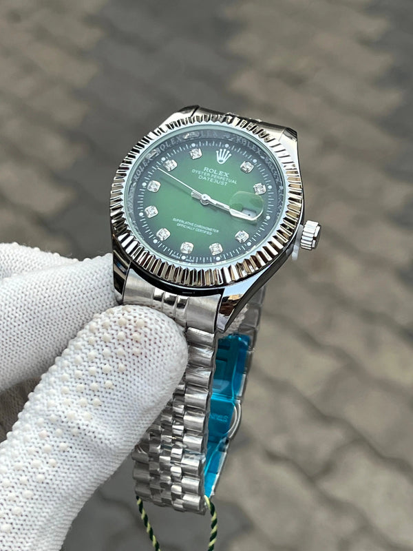 Rolex Date Just Silver Green Diamond