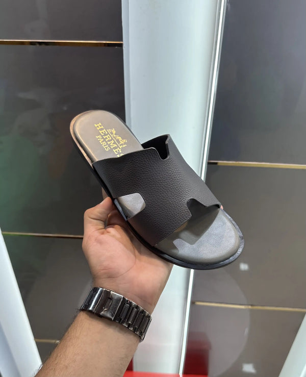 Herms_Grey Leather Slide For Men