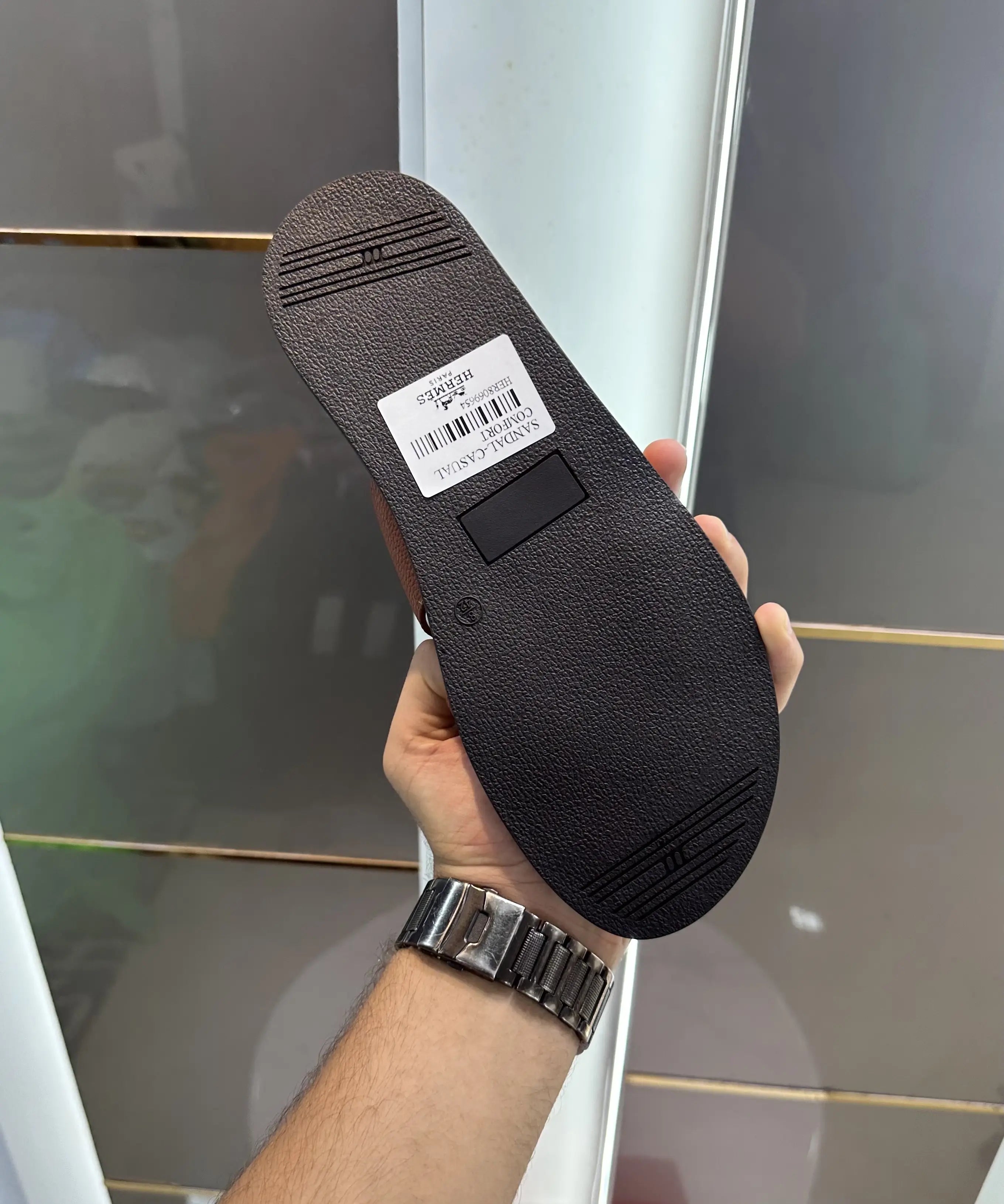 Herms_Grey Leather Slide For Men