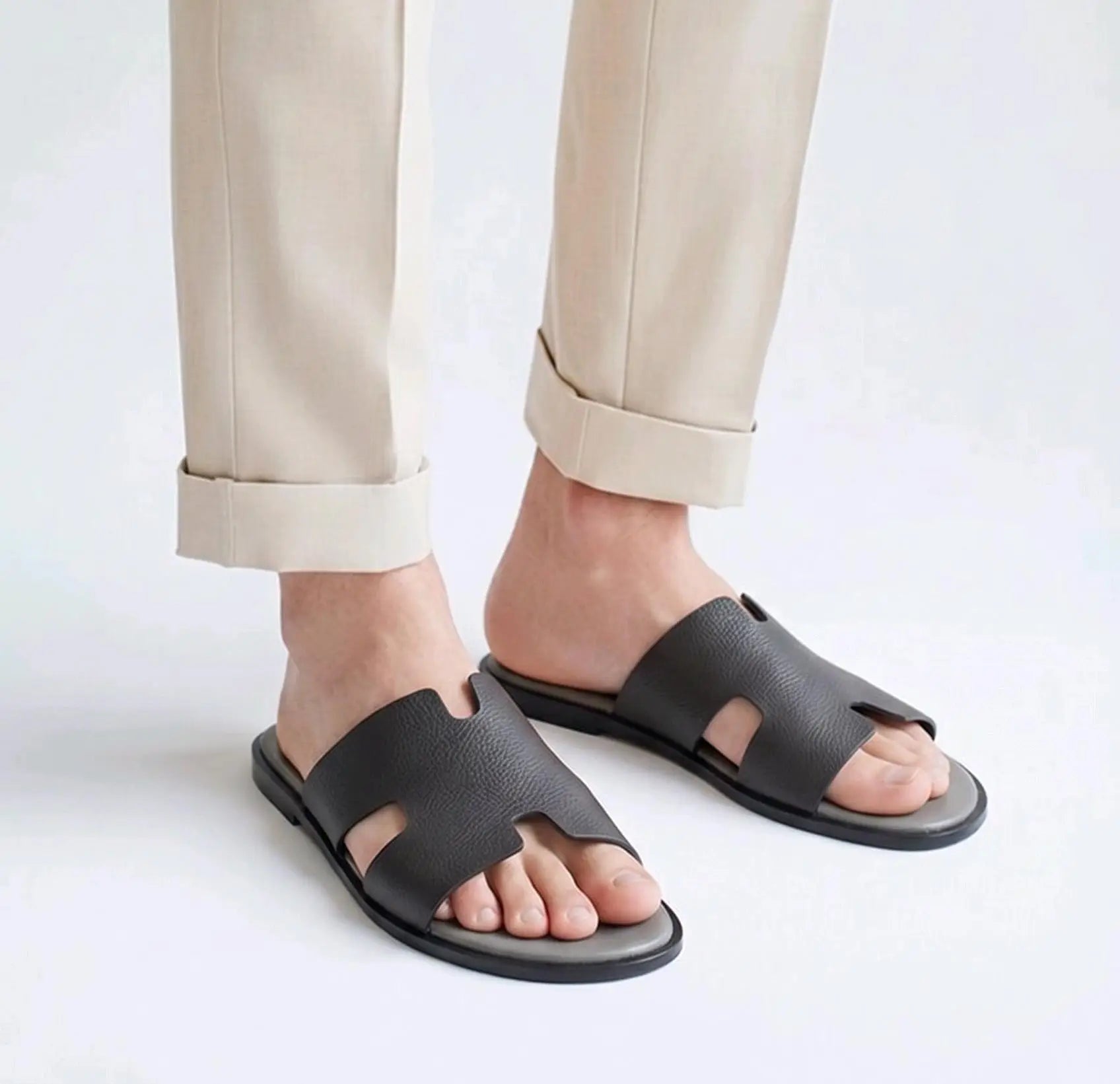 Herms_Grey Leather Slide For Men Main image