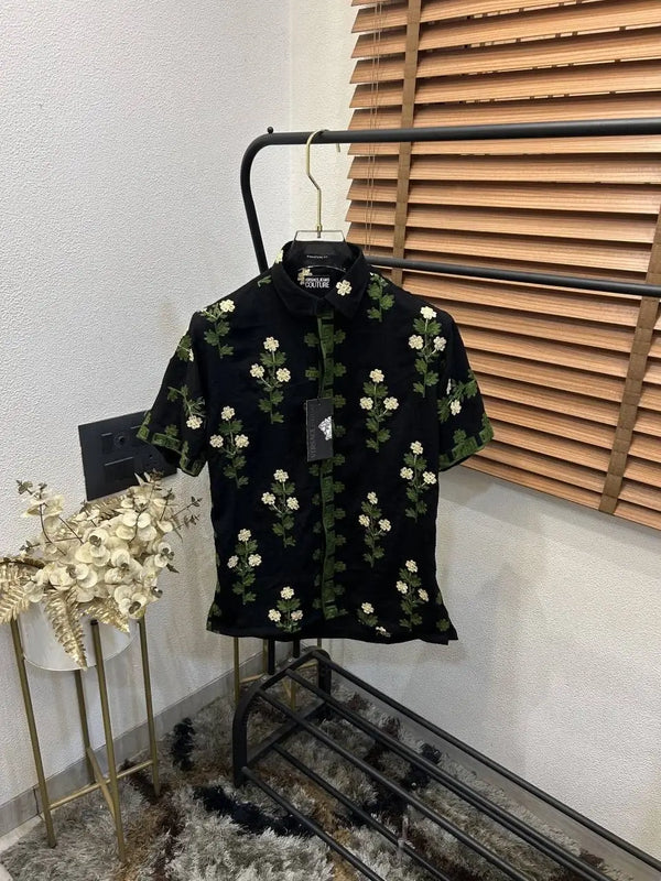 Versac_e Flower Thread Embroidery E-X..clusive Linen Half Shirt DN 632
