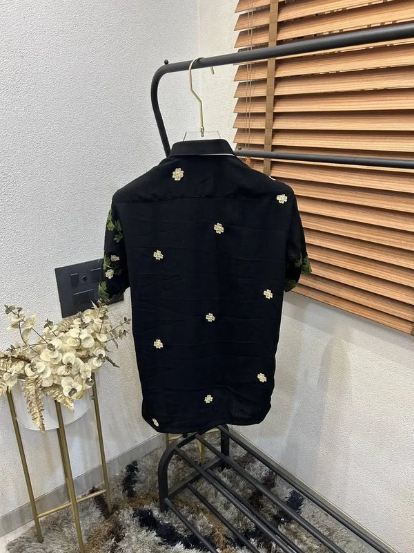 Versac_e Flower Thread Embroidery E-X..clusive Linen Half Shirt DN 632