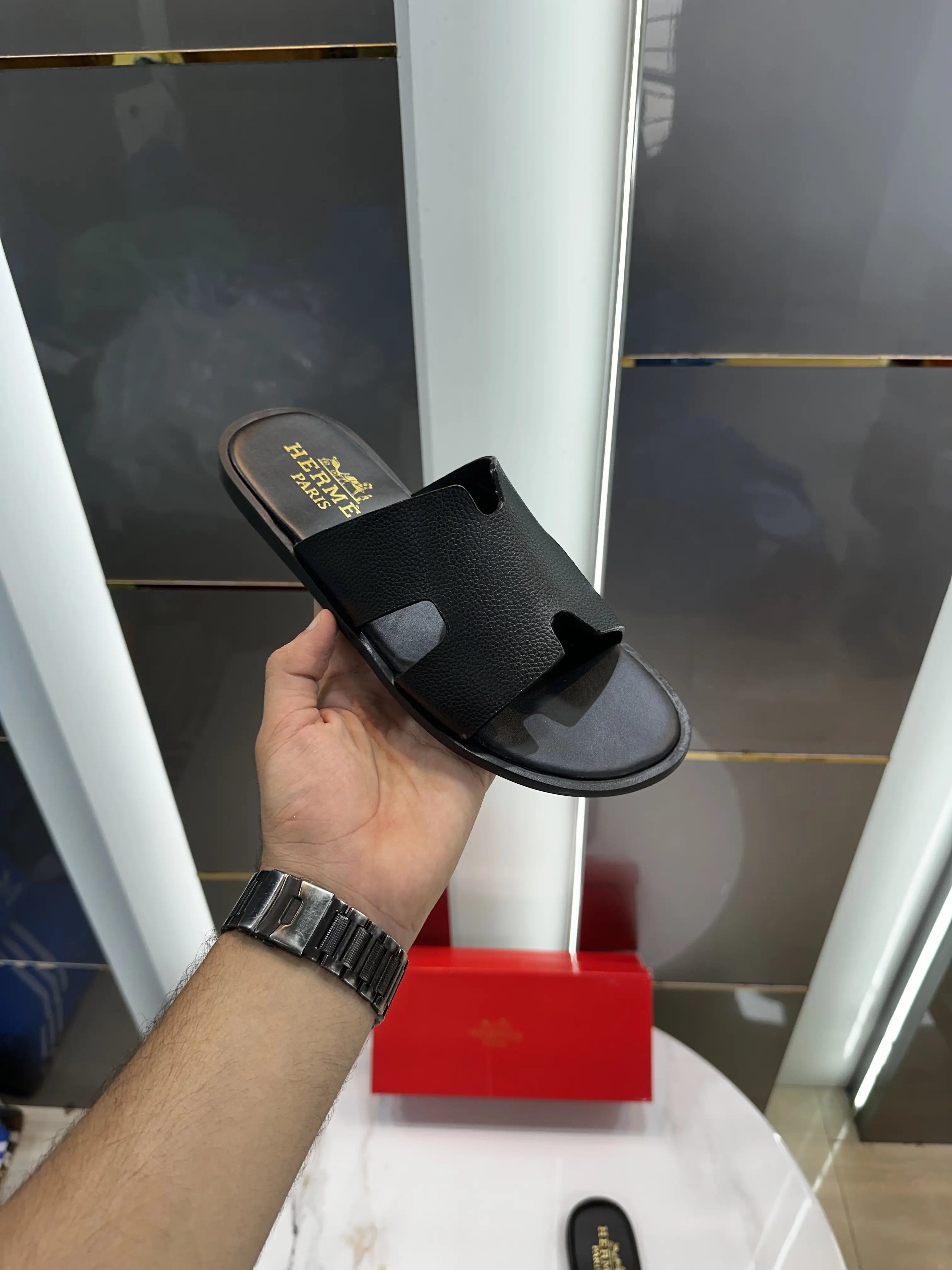 Herms_Black Premium Leather Slide Secondary image