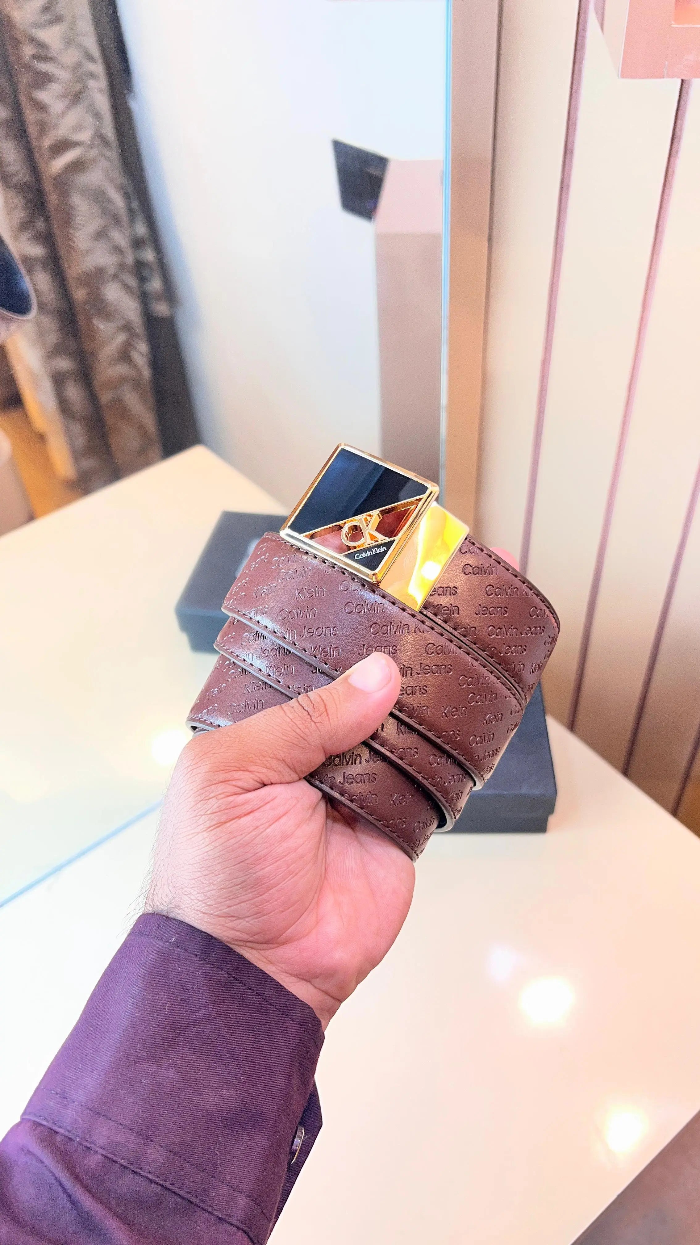 CK CALVIN KLEIN PREMIUM QUALITY EMBOSSED REVERSEABLE BELT WITH OG BOXCK-123