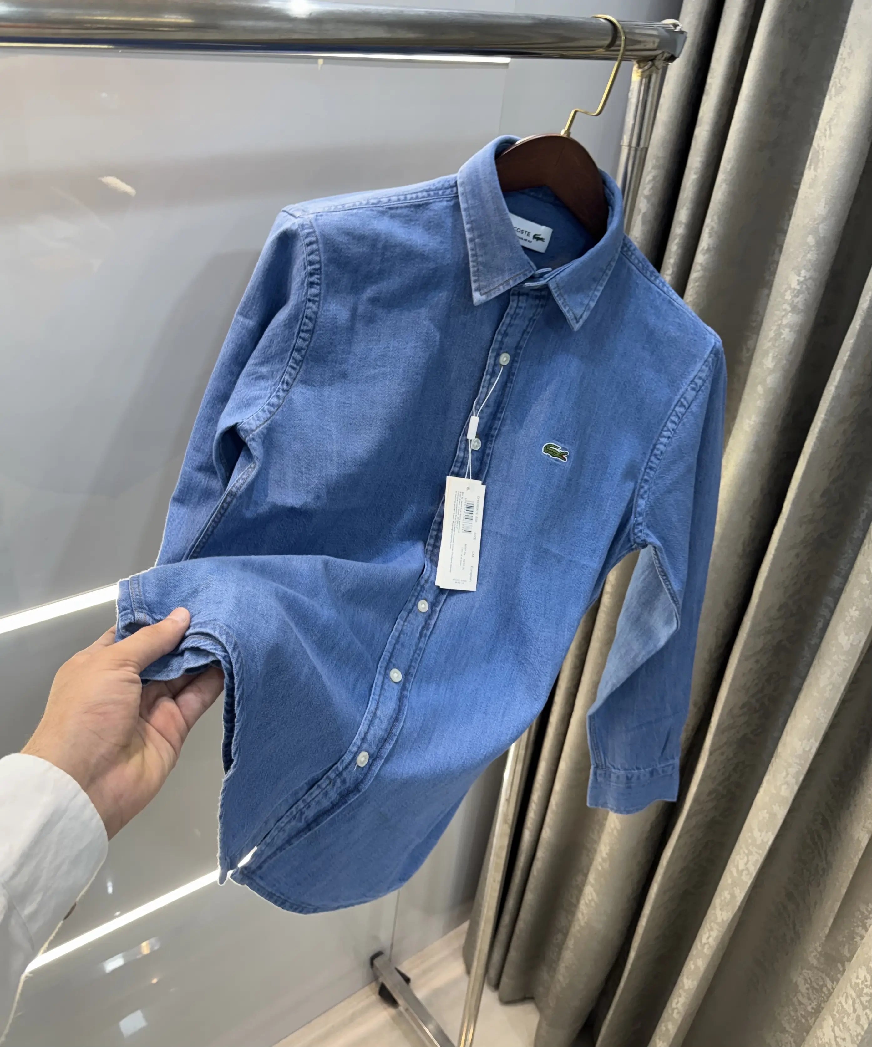 Lacost e Mid Blue Embroidery Logo Premium Denim Shirt