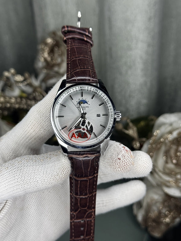 Patek Philipp e Brown White Leather Strap Premium Watch