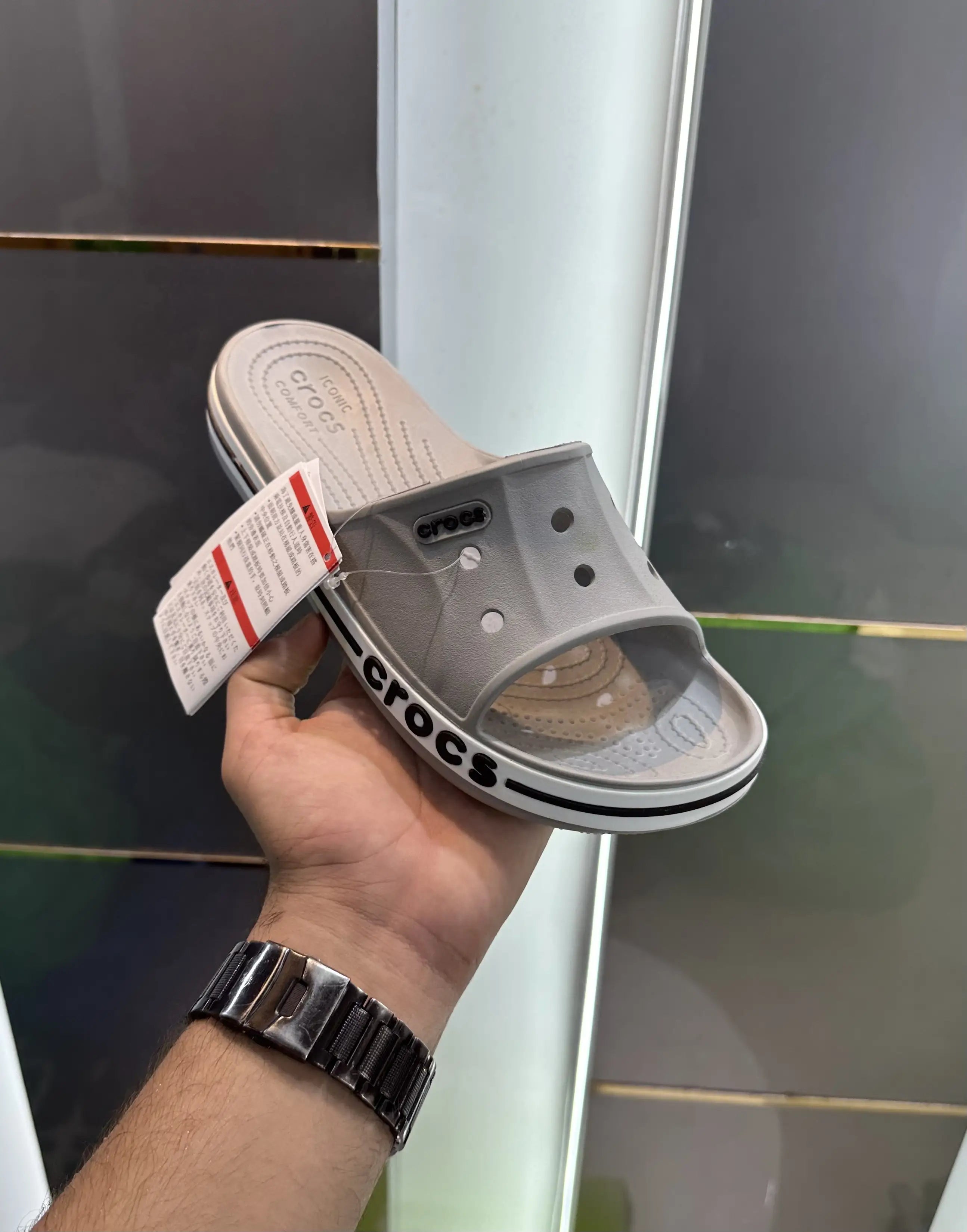 Crocs_Bayaband Grey Black Slide For Men Main image