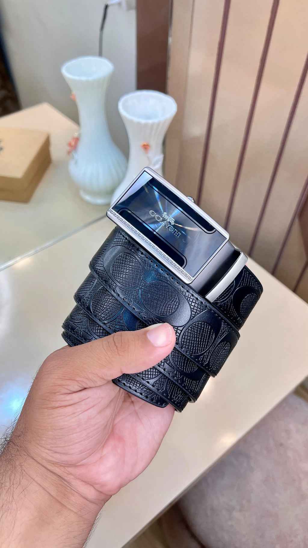 COACH PREMIUM QUALITY IMP EMBOSSED MONOGRAM AUTOLOCK BELTS WITH OG BOX