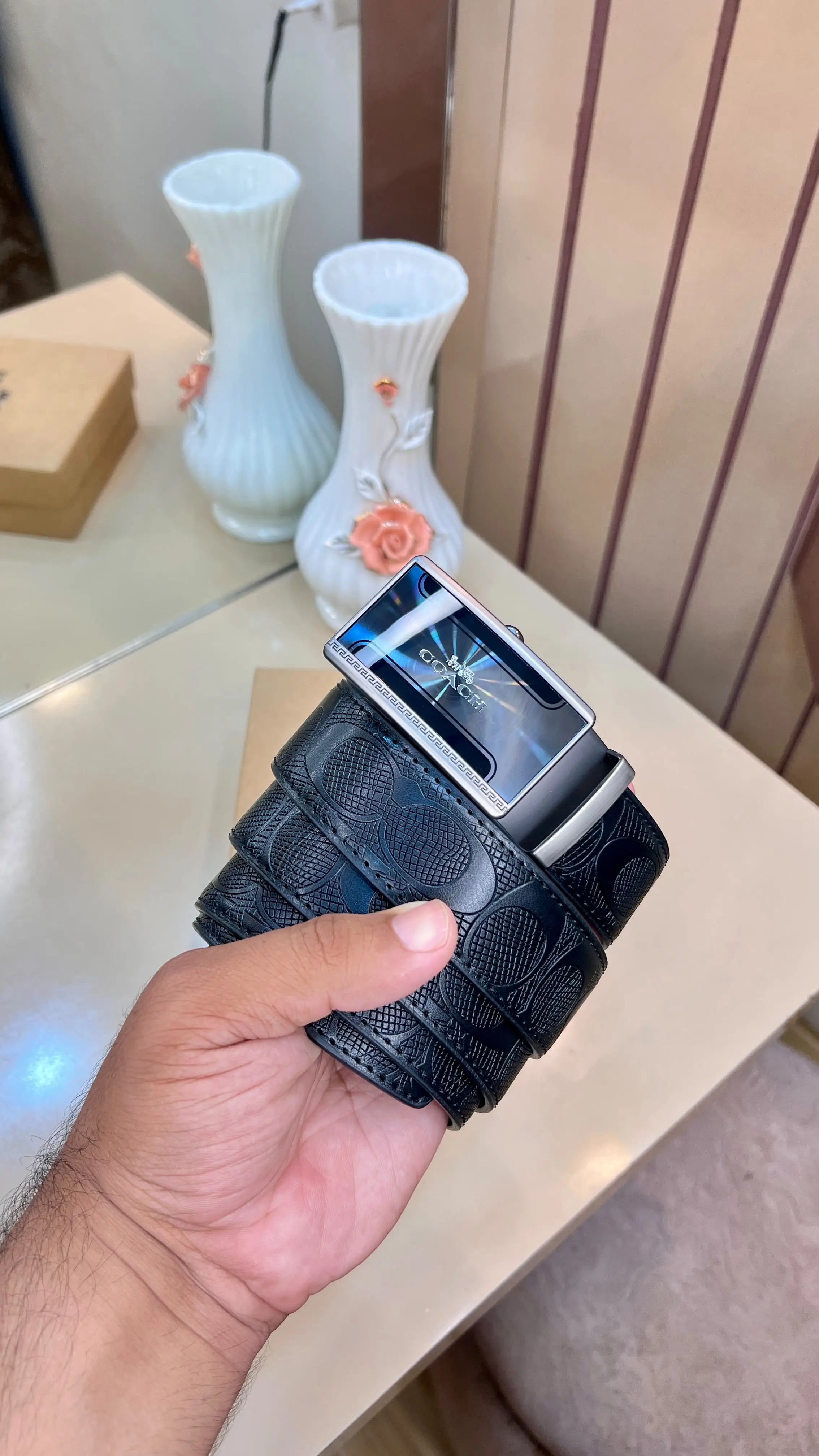 COACH PREMIUM QUALITY IMP EMBOSSED MONOGRAM AUTOLOCK BELTS WITH OG BOX