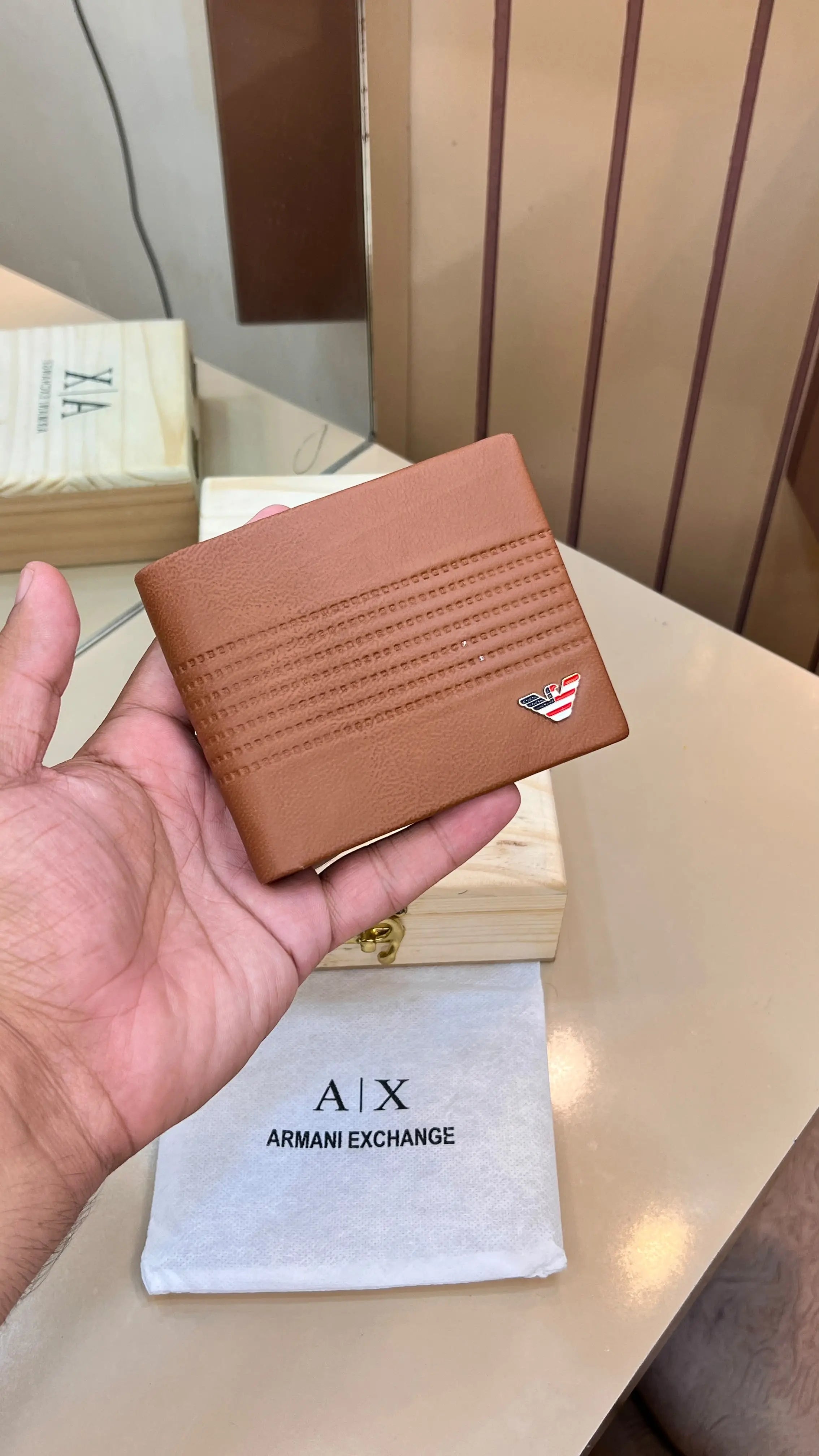 AX ARMANI EXCHANGE PREMIUM QUALITY IMP WALLETS WITH OG WOODEN BOX (TAN) Main image