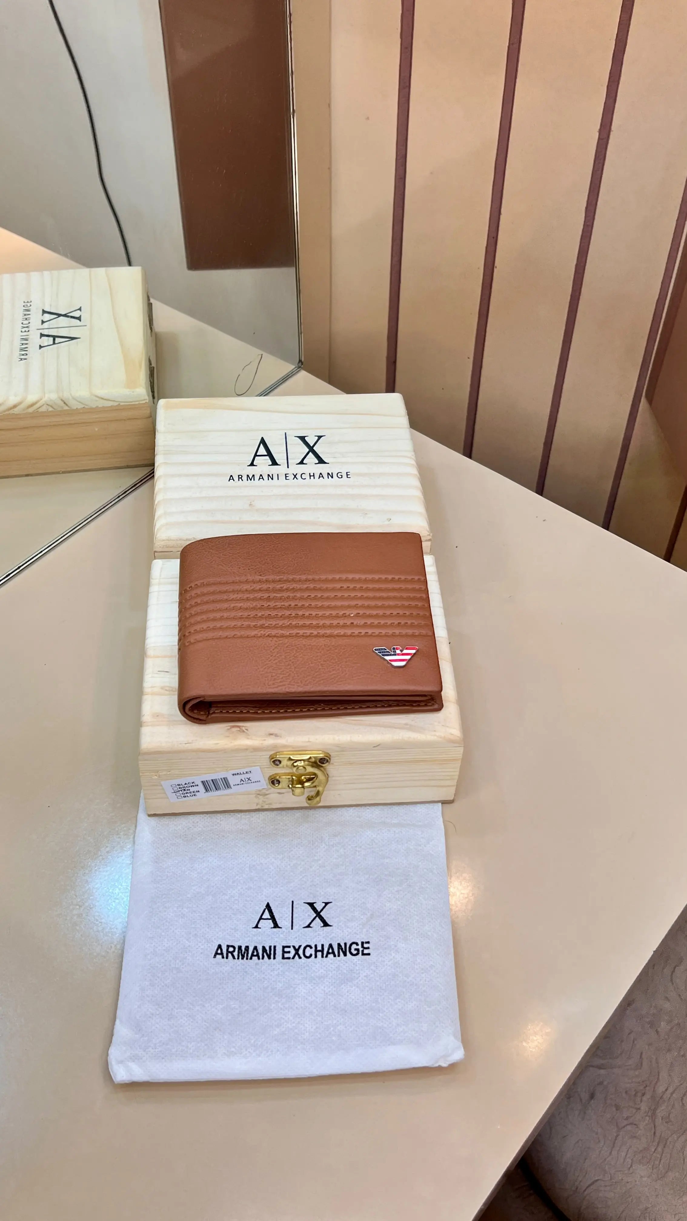 AX ARMANI EXCHANGE PREMIUM QUALITY IMP WALLETS WITH OG WOODEN BOX (TAN) Secondary image