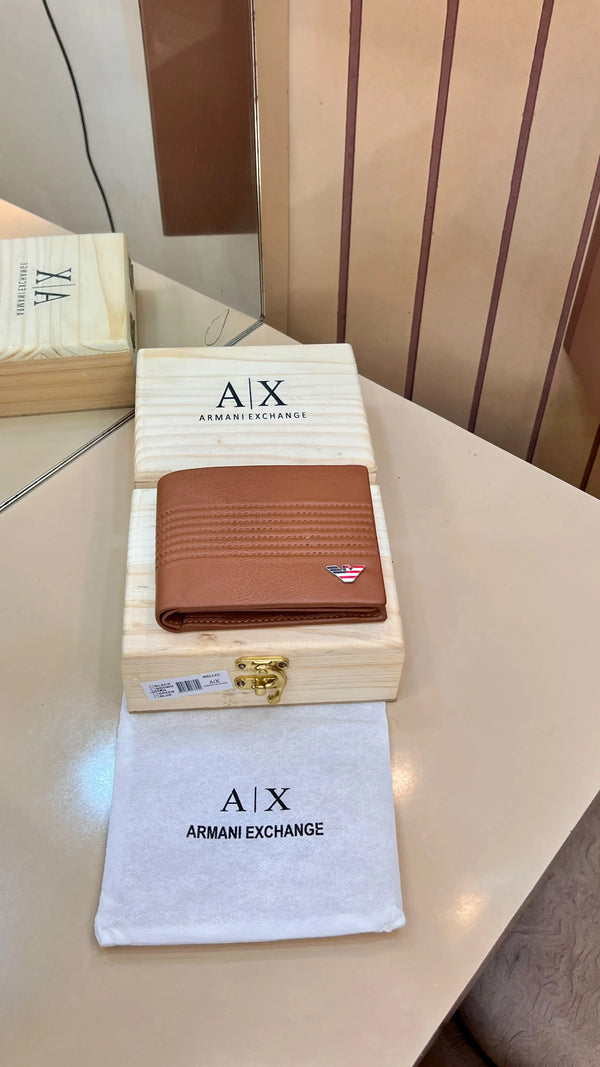 AX ARMANI EXCHANGE PREMIUM QUALITY IMP WALLETS WITH OG WOODEN BOX (TAN)