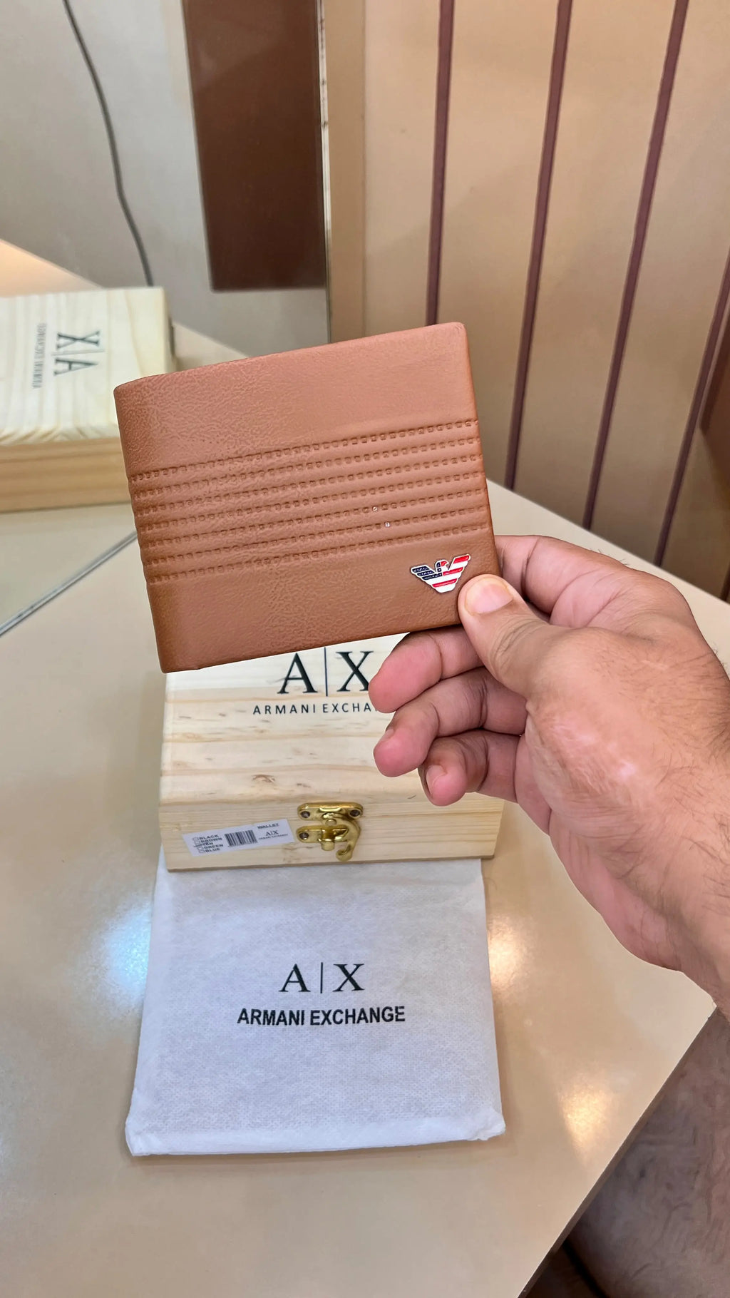 AX ARMANI EXCHANGE PREMIUM QUALITY IMP WALLETS WITH OG WOODEN BOX (TAN)