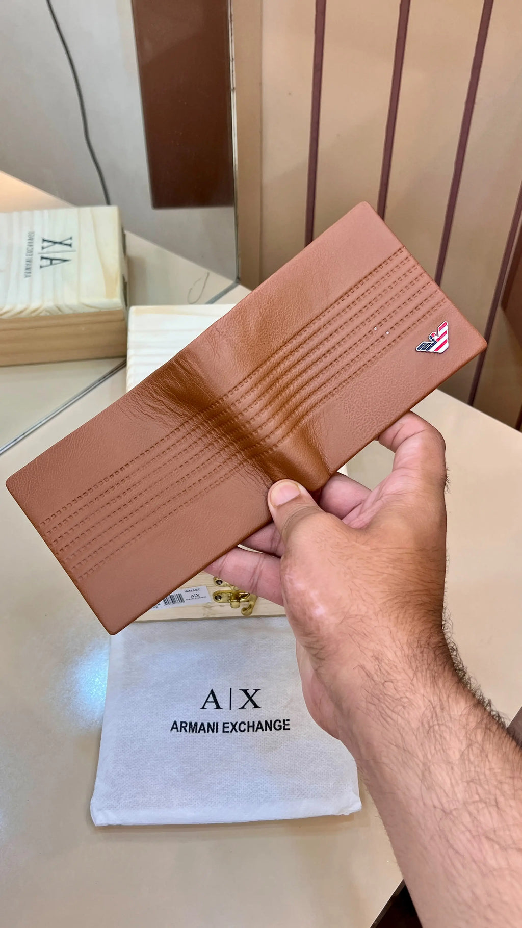 AX ARMANI EXCHANGE PREMIUM QUALITY IMP WALLETS WITH OG WOODEN BOX (TAN)