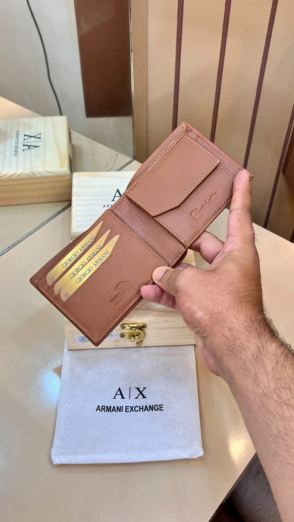 AX ARMANI EXCHANGE PREMIUM QUALITY IMP WALLETS WITH OG WOODEN BOX (TAN)