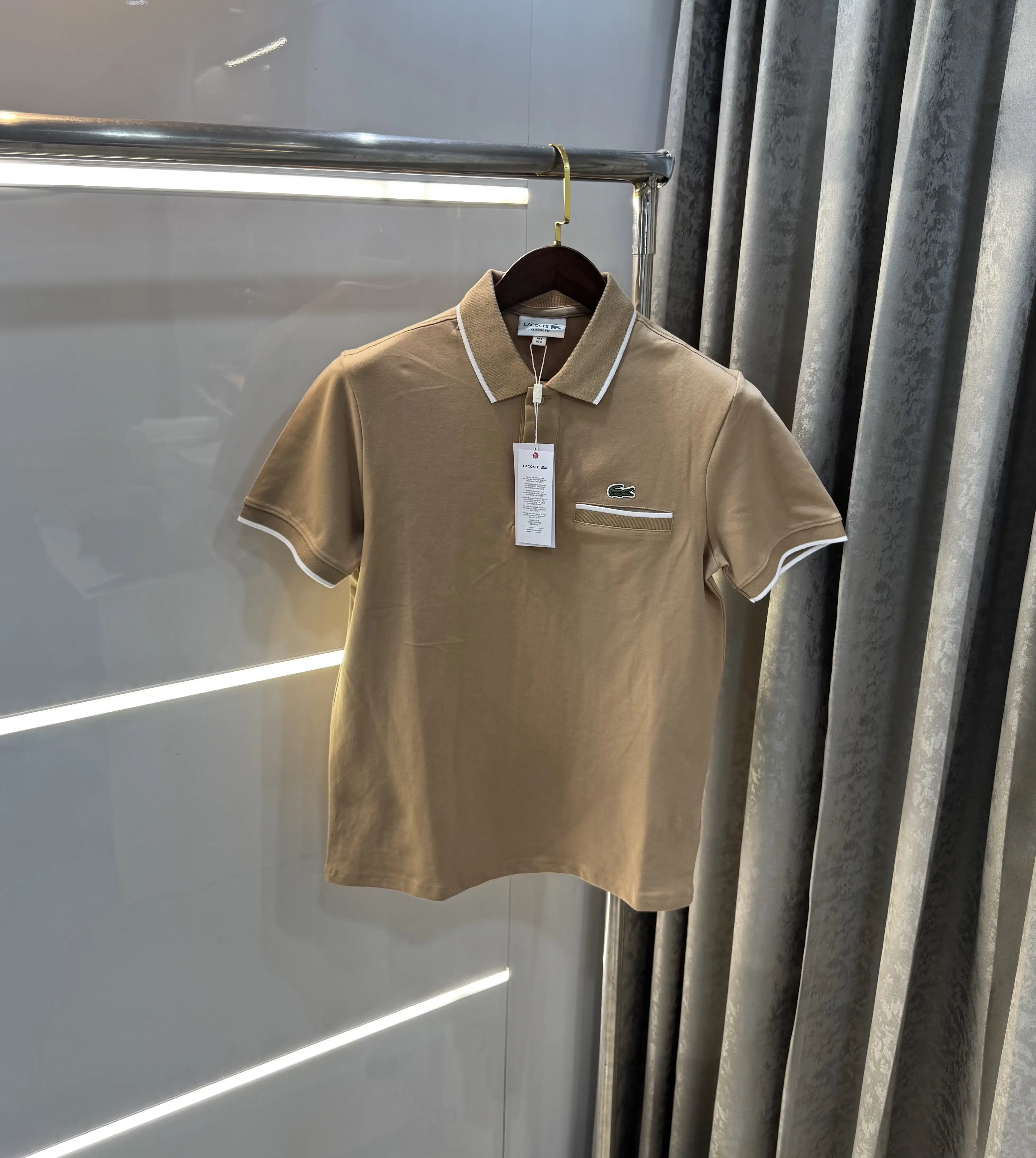 Lacost e Beige Embroidery Logo Premium Polo T-Shirt