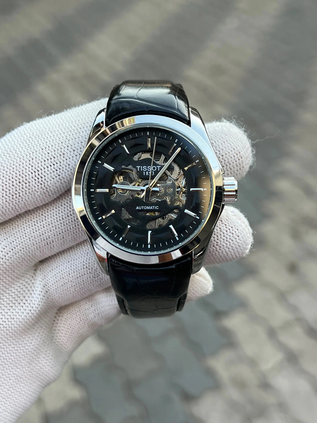 Tissot 1853 Leather Belt Black Silver Automatic