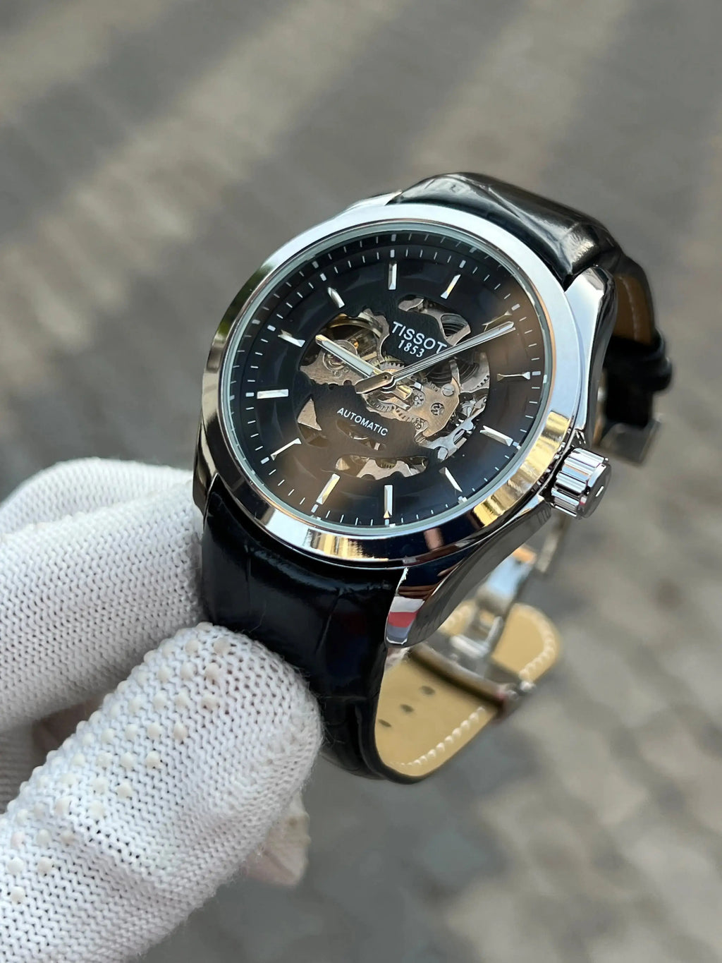 Tissot 1853 Leather Belt Black Silver Automatic