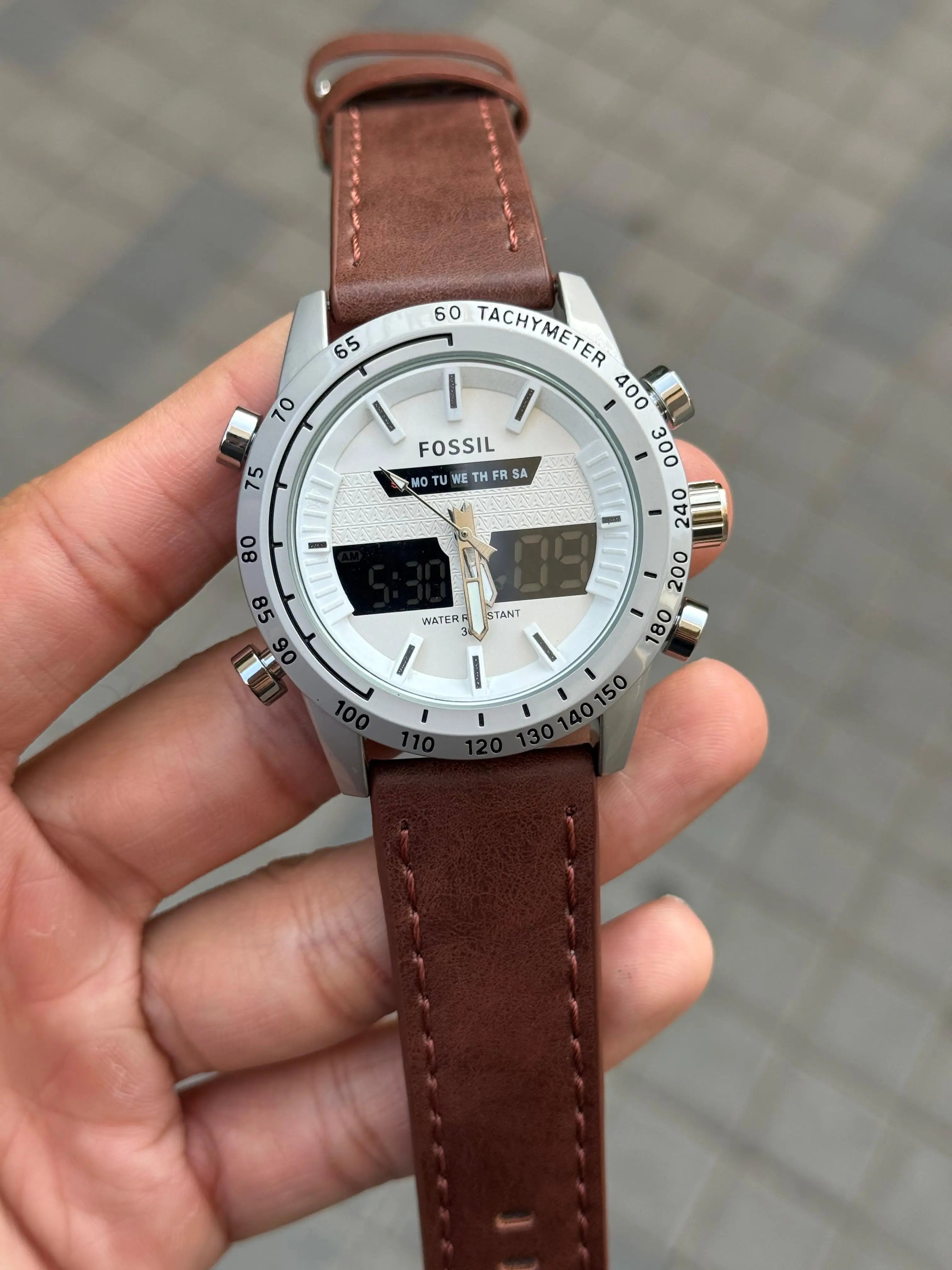 Fossi l Dual Time Silver White Brown Belt Main image