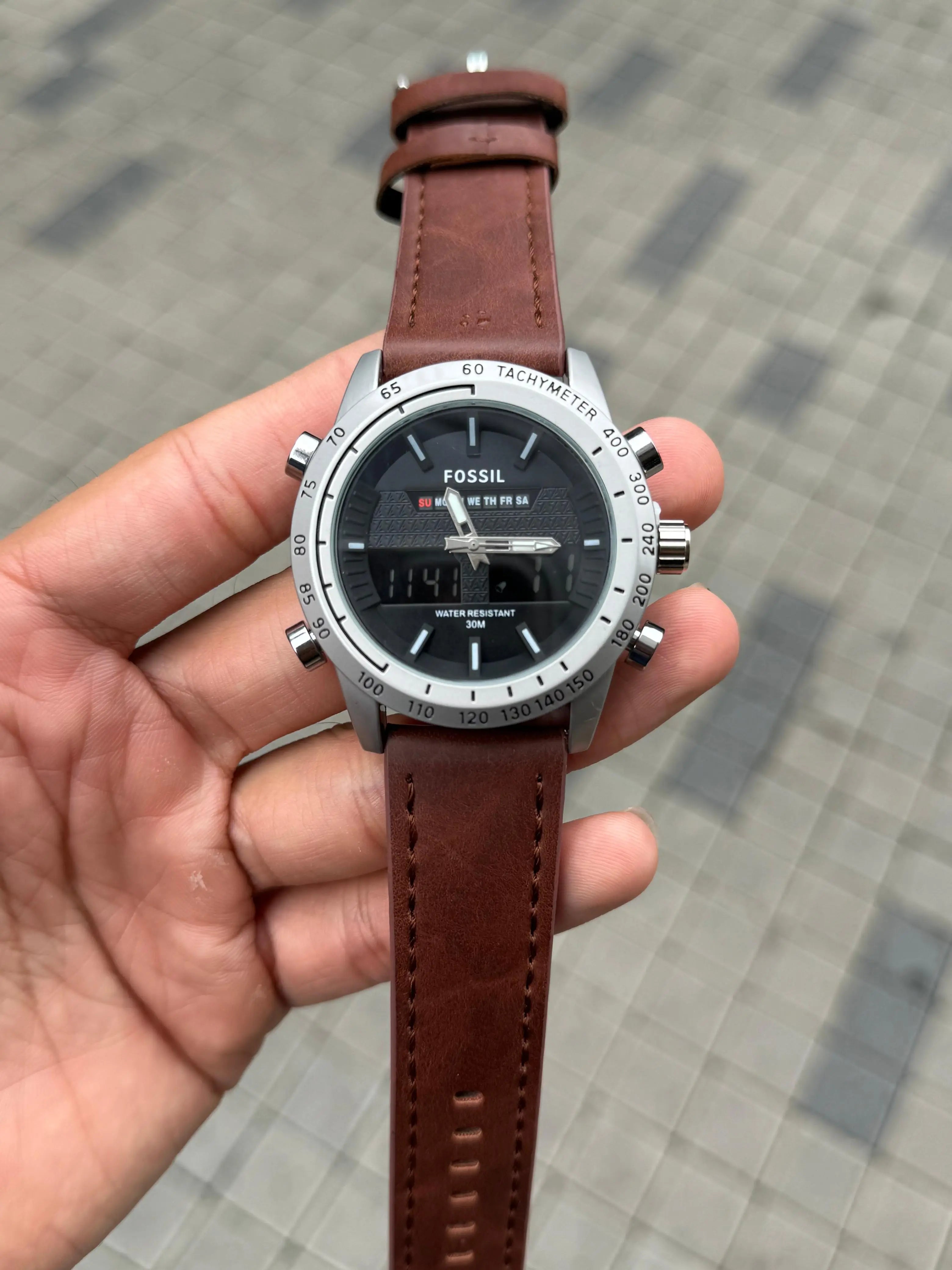 Fossi l Dual Time Silver Black Brown Belt Main image