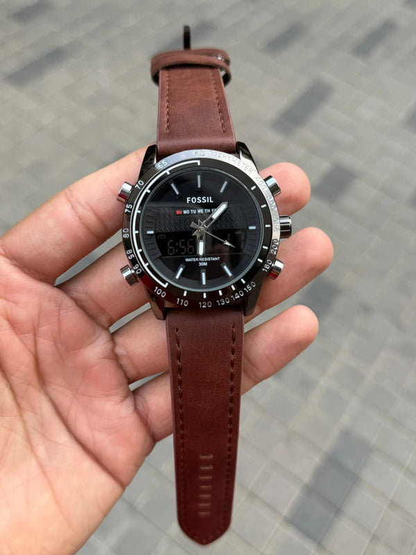 Fossi l Dual Time Tan Black