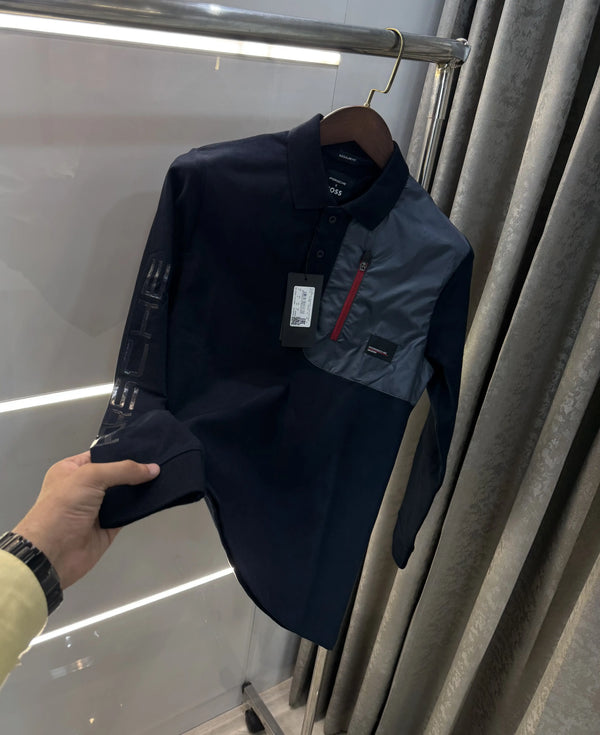 Hugo  Boss Porsche Navy Blue Red Logo Work Premium Full Sleeve Polo T-Shirt