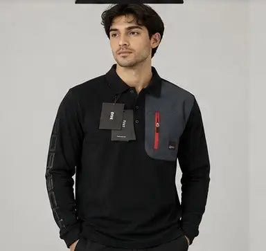 Hugo  Boss Porsche Navy Blue Red Logo Work Premium Full Sleeve Polo T-Shirt