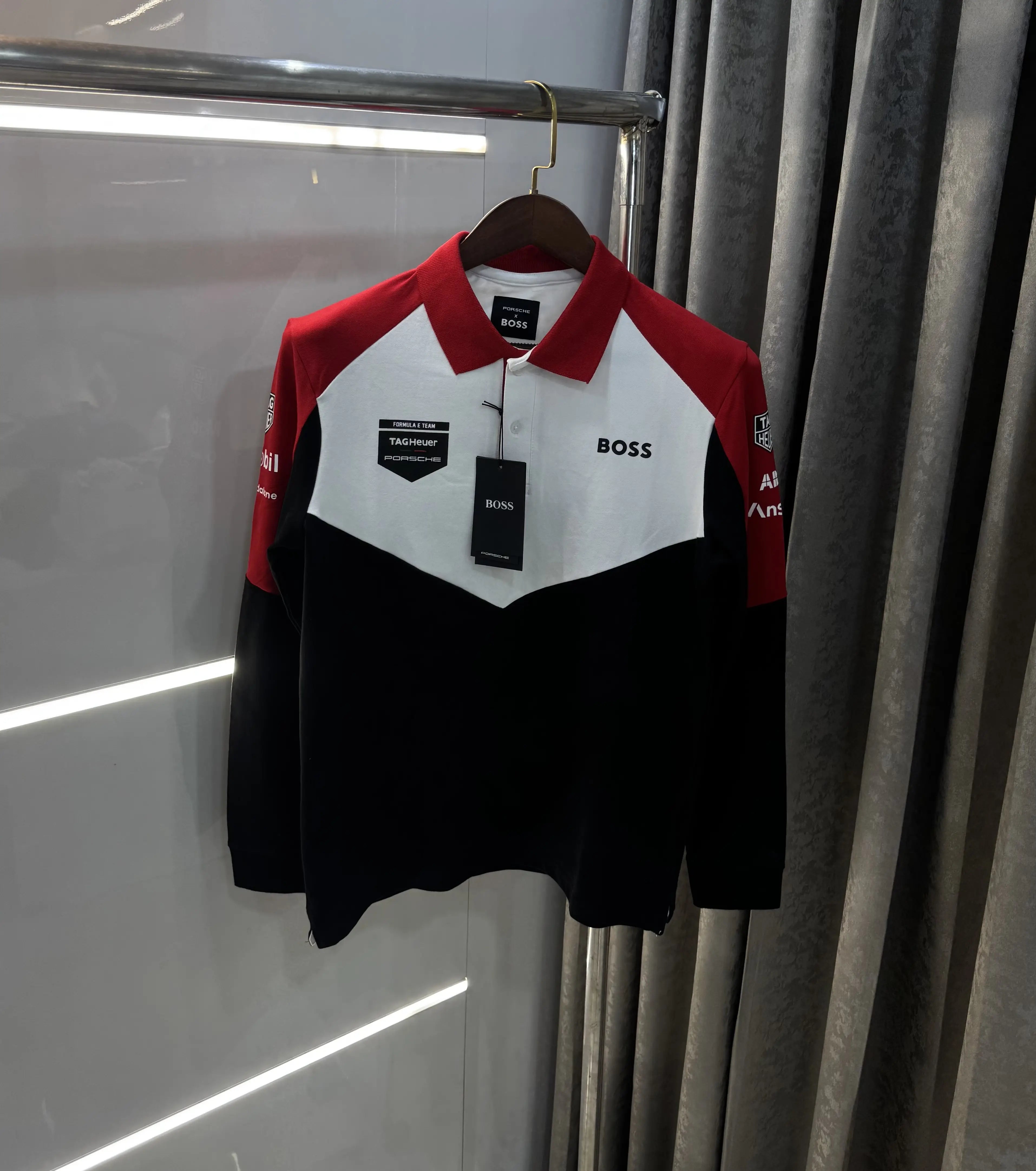 Hugo  Boss Porsche White Red Logo Work Premium Full Sleeve Polo T-Shirt