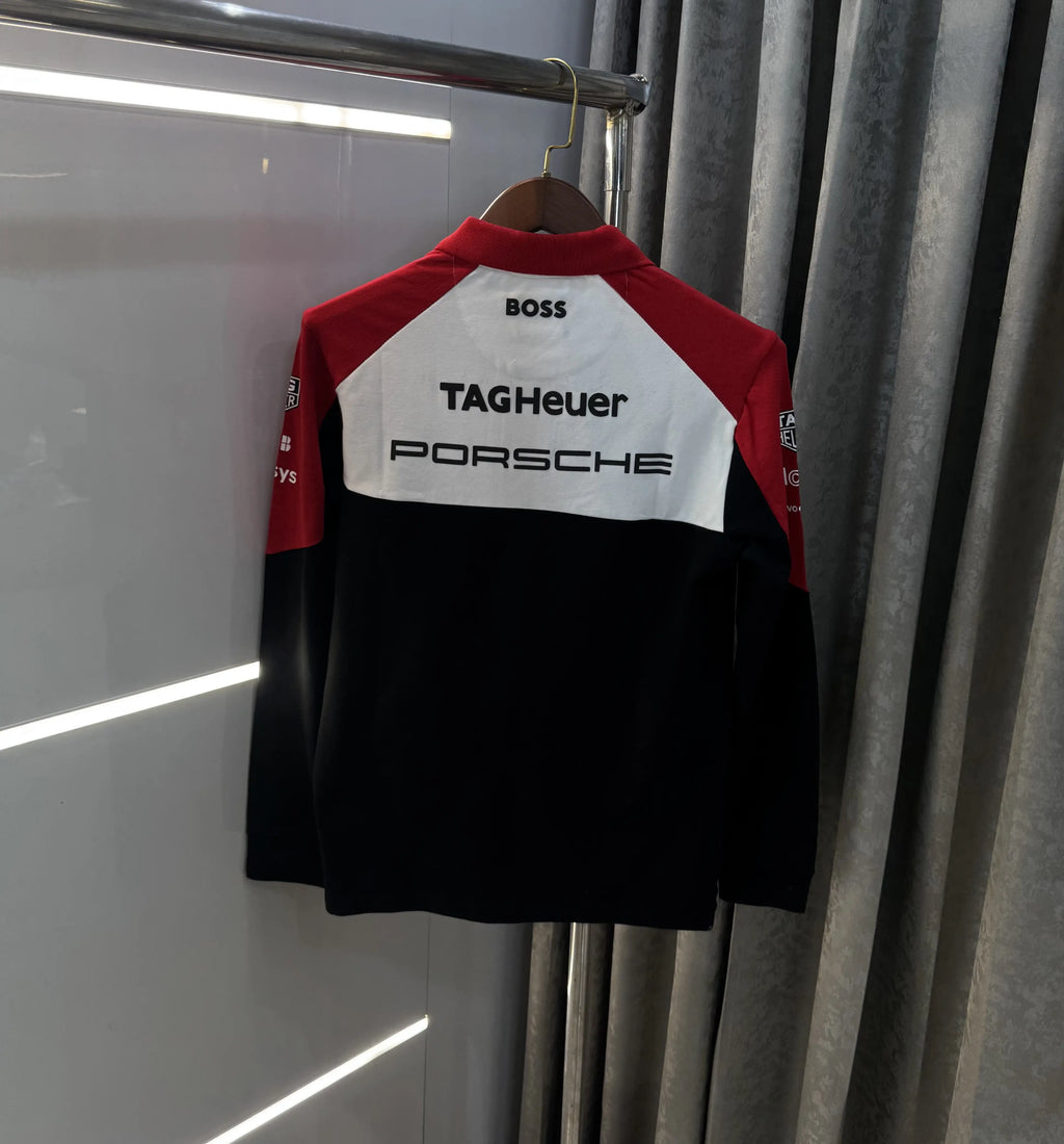 Hugo  Boss Porsche White Red Logo Work Premium Full Sleeve Polo T-Shirt
