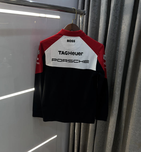 Hugo  Boss Porsche White Red Logo Work Premium Full Sleeve Polo T-Shirt