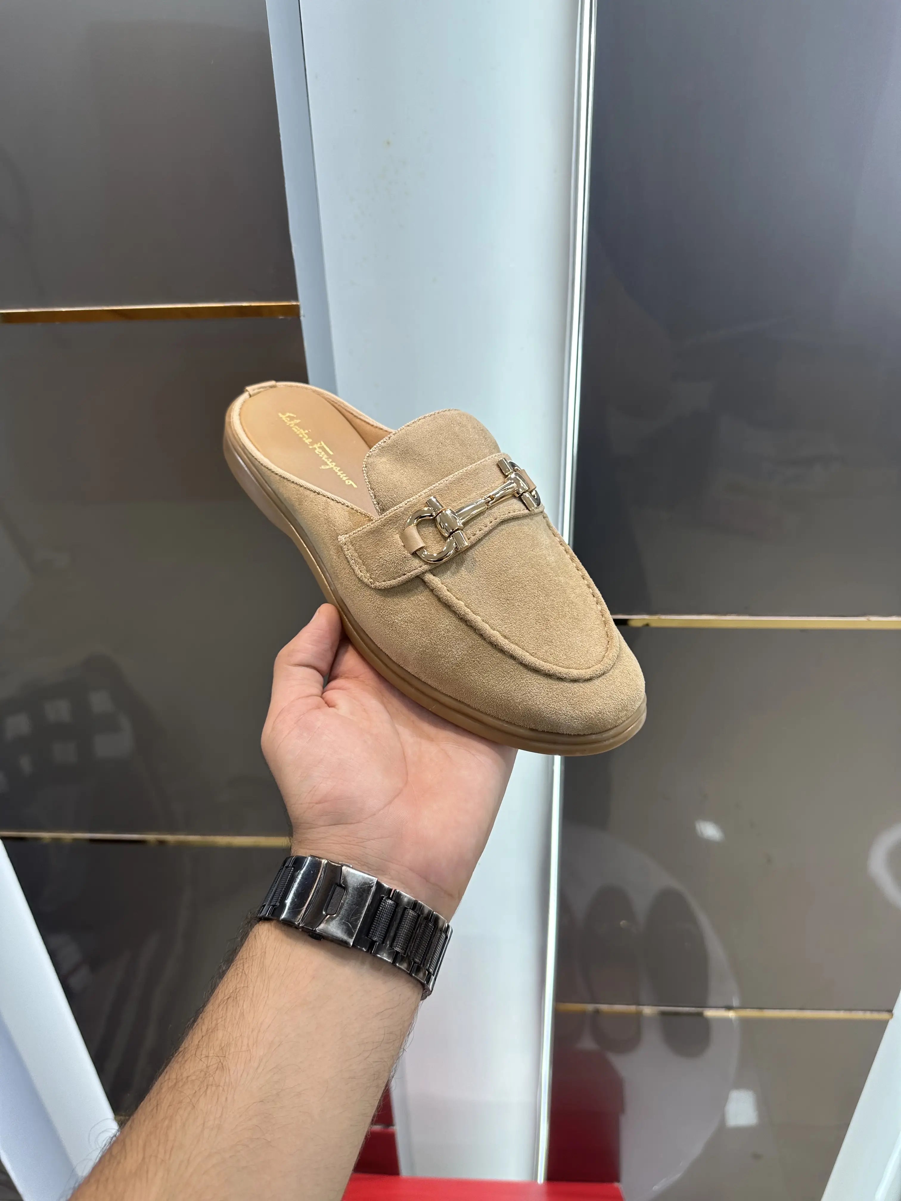 Salvatore_Ferragamo Beige Premium Suede Leather Slip-Ons Secondary image