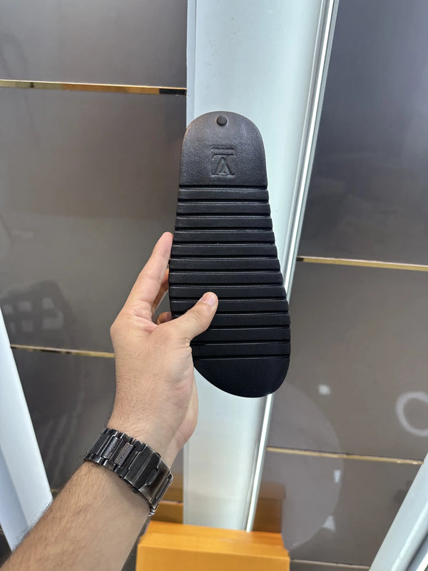 Louis_Vuitton Black Monogram Leather Slide