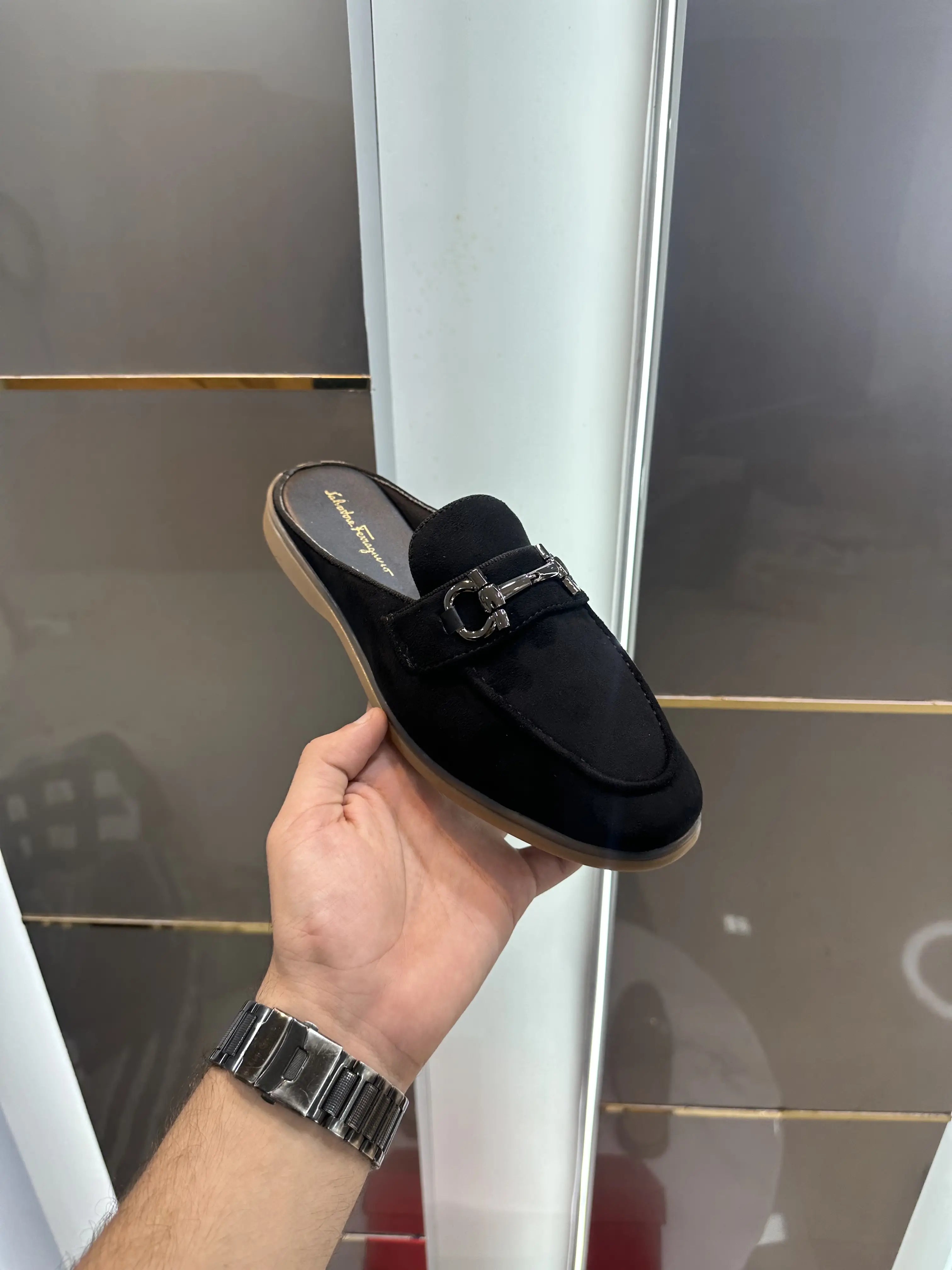 Salvatore_Ferragamo Black Premium Suede Leather Slip-Ons Main image