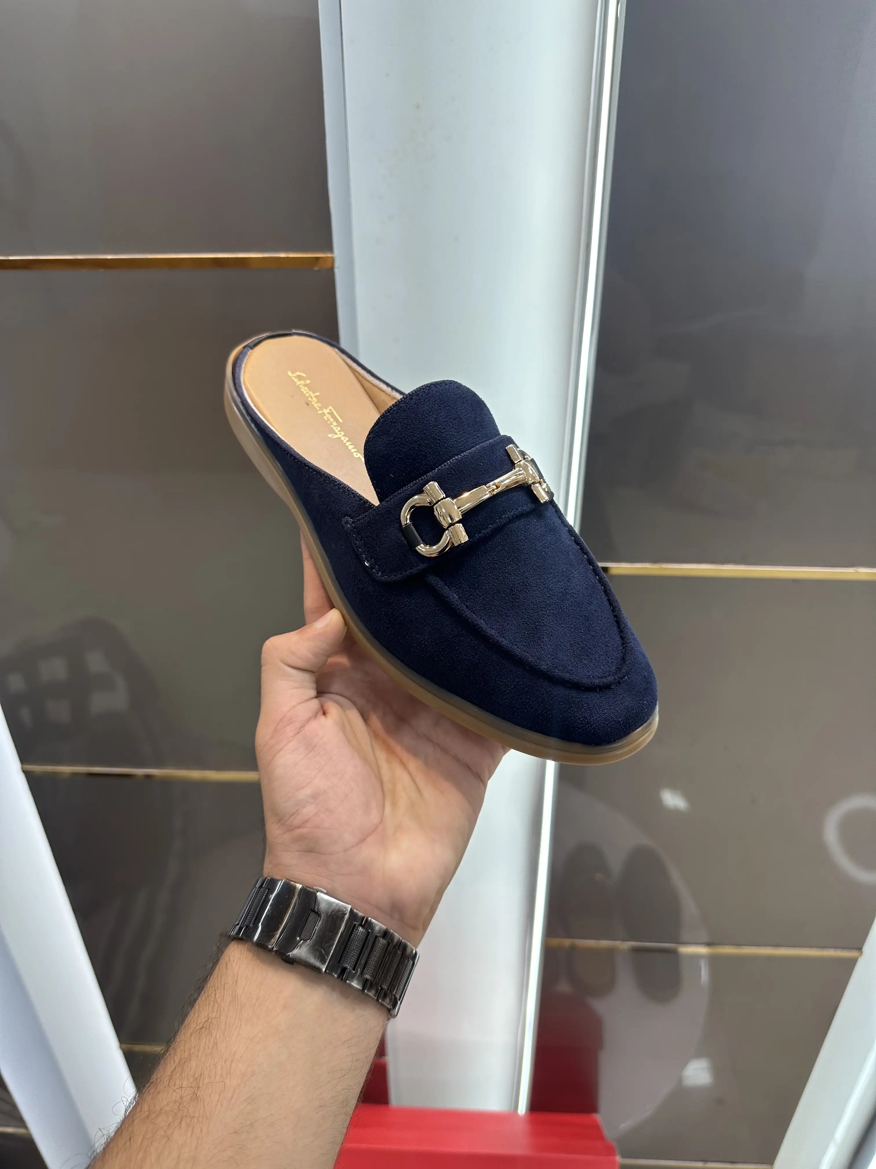 Salvatore_Ferragamo Blue Premium Suede Leather Slip-Ons Main image