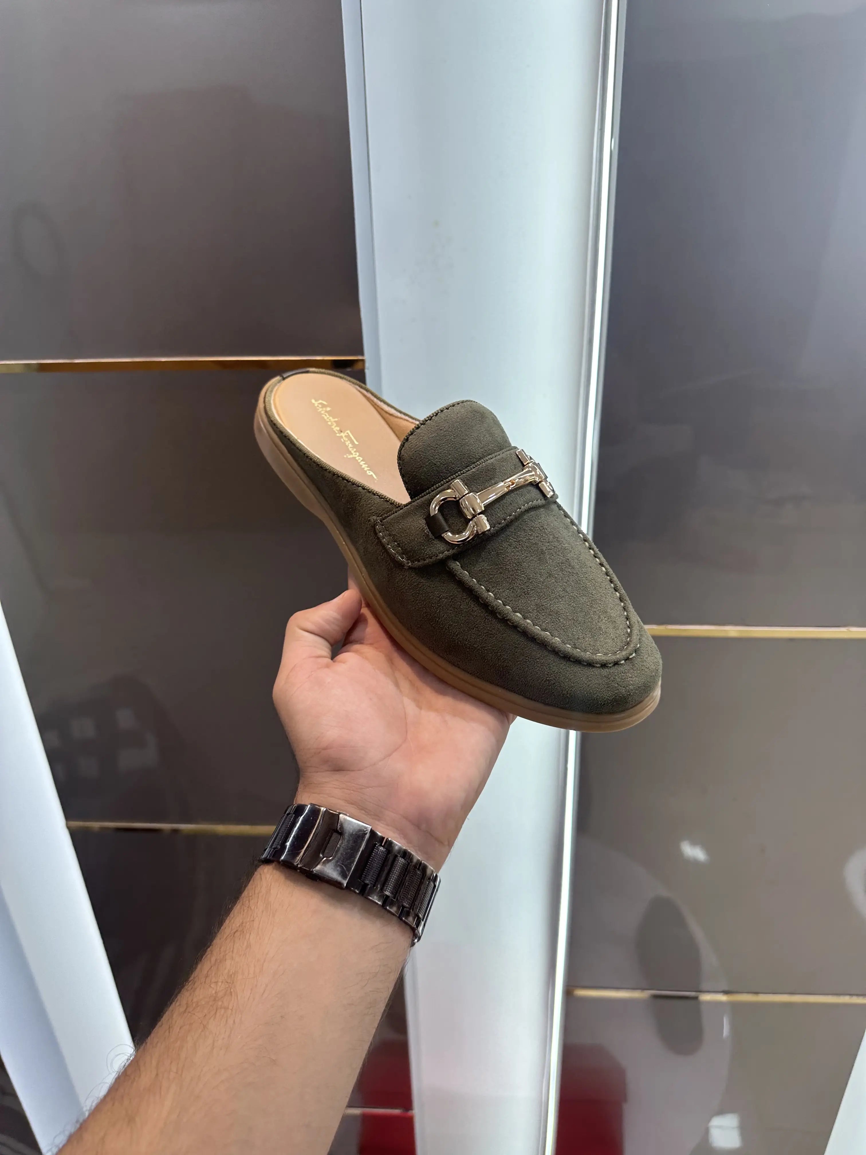 Salvatore_Ferragamo Olive Premium Suede Leather Slip-Ons Main image
