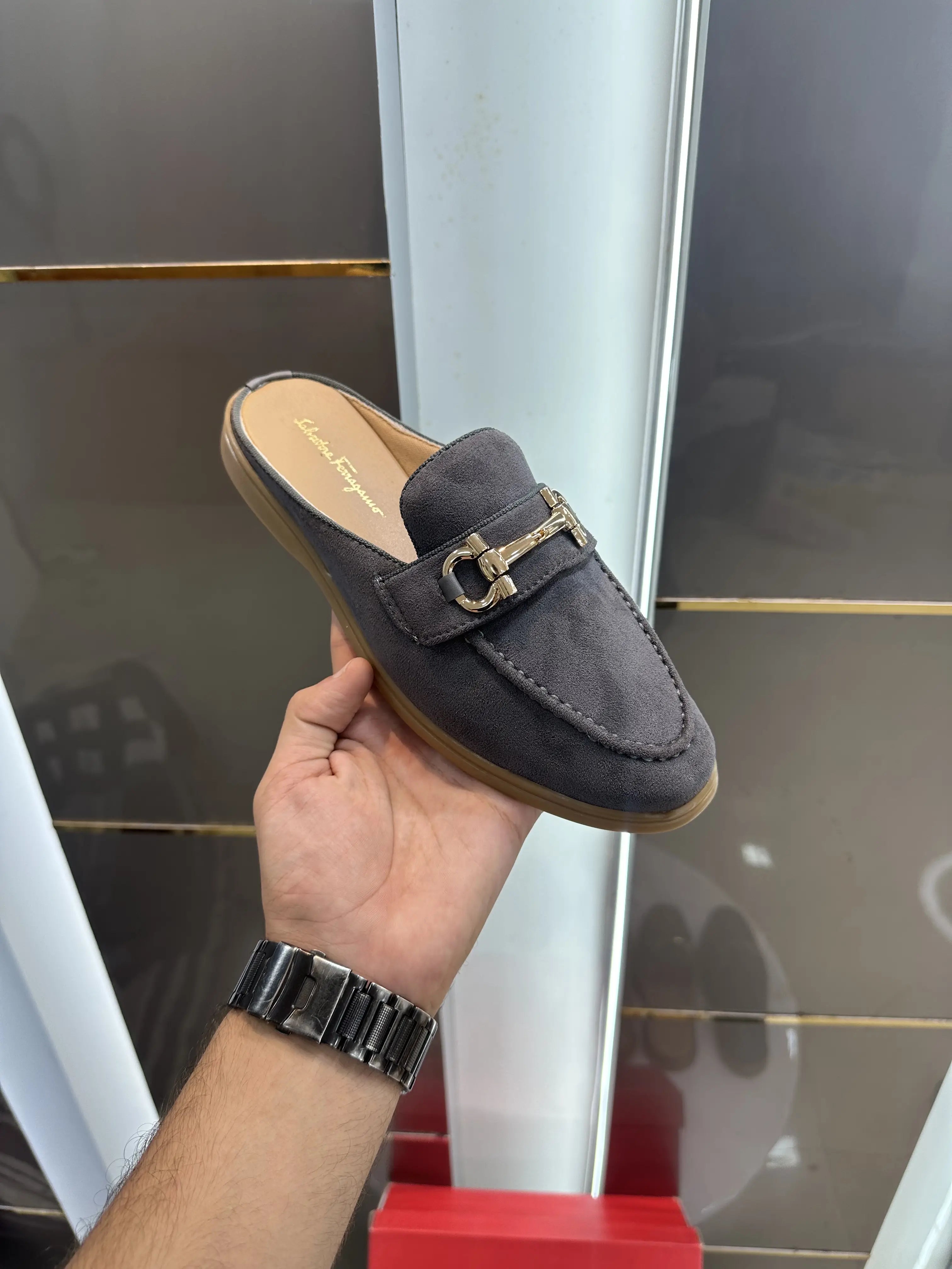 Salvatore_Ferragamo Grey Premium Suede Leather Slip-Ons Main image