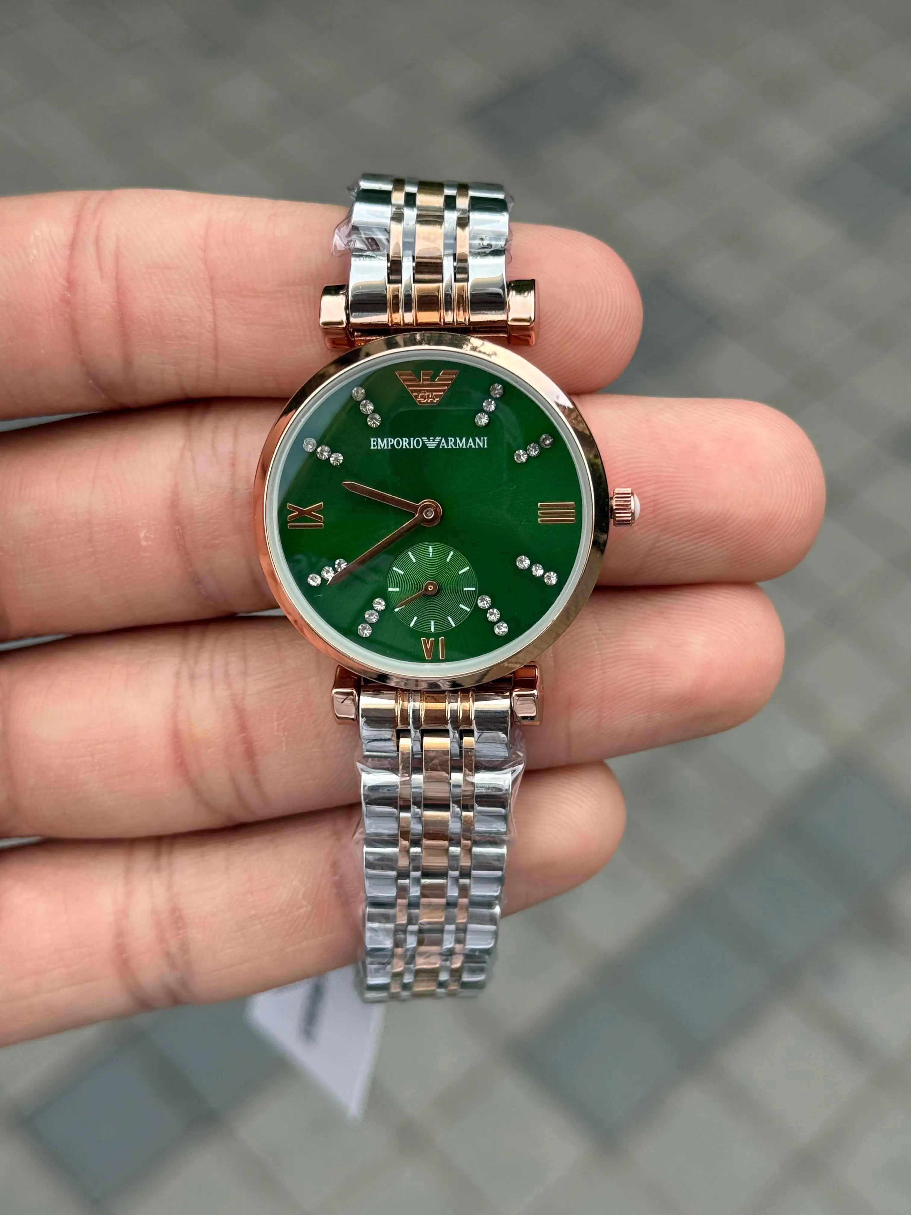 Emporio Arman i Women Two Tone Green Dial Diamond
