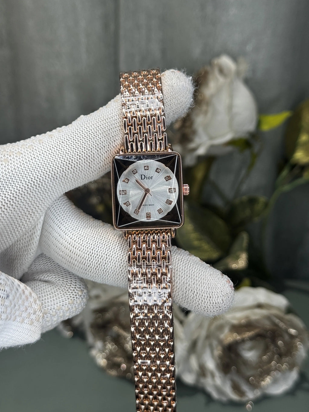 Dio r Rose Gold White Square Premium Ladies Watch