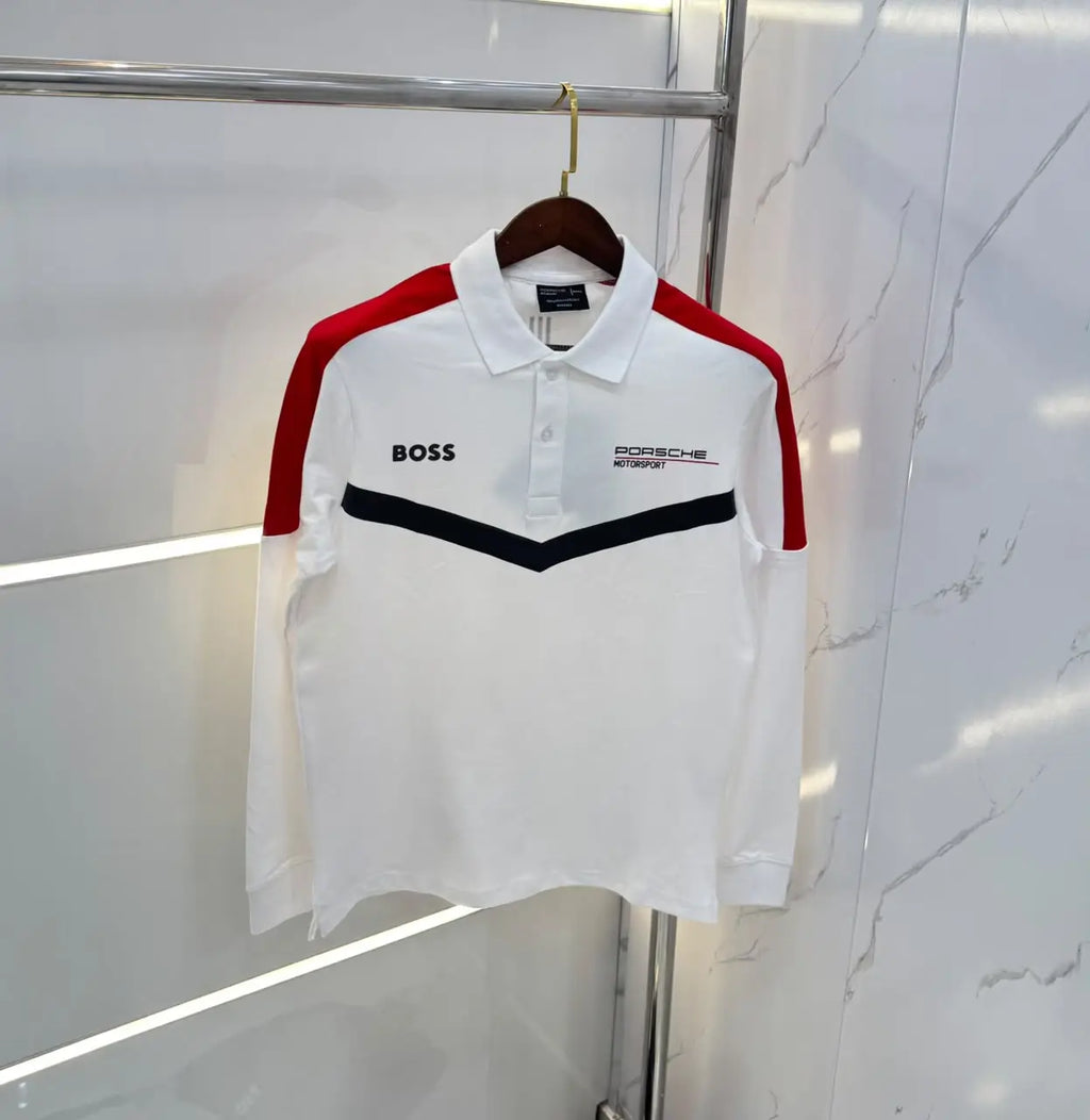 Hugo Boss Porsche White Logo Work Premium Full Sleeve Polo T-Shirt
