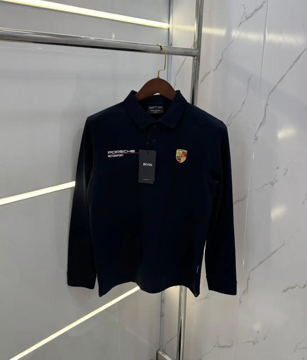 Hugo Boss Porsche Navy Blue Logo Work Premium Full Sleeve Polo T-Shirt