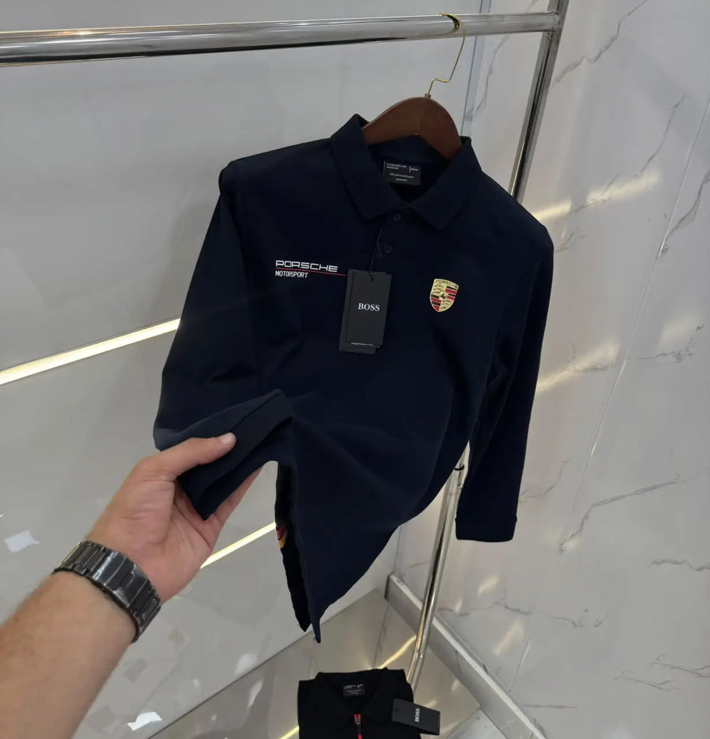 Hugo Boss Porsche Navy Blue Logo Work Premium Full Sleeve Polo T-Shirt